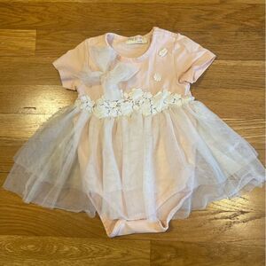 Mae Li Rose Pink Lace and Sheer Bow and Tutu Onesie Dress Size 9-12 Months